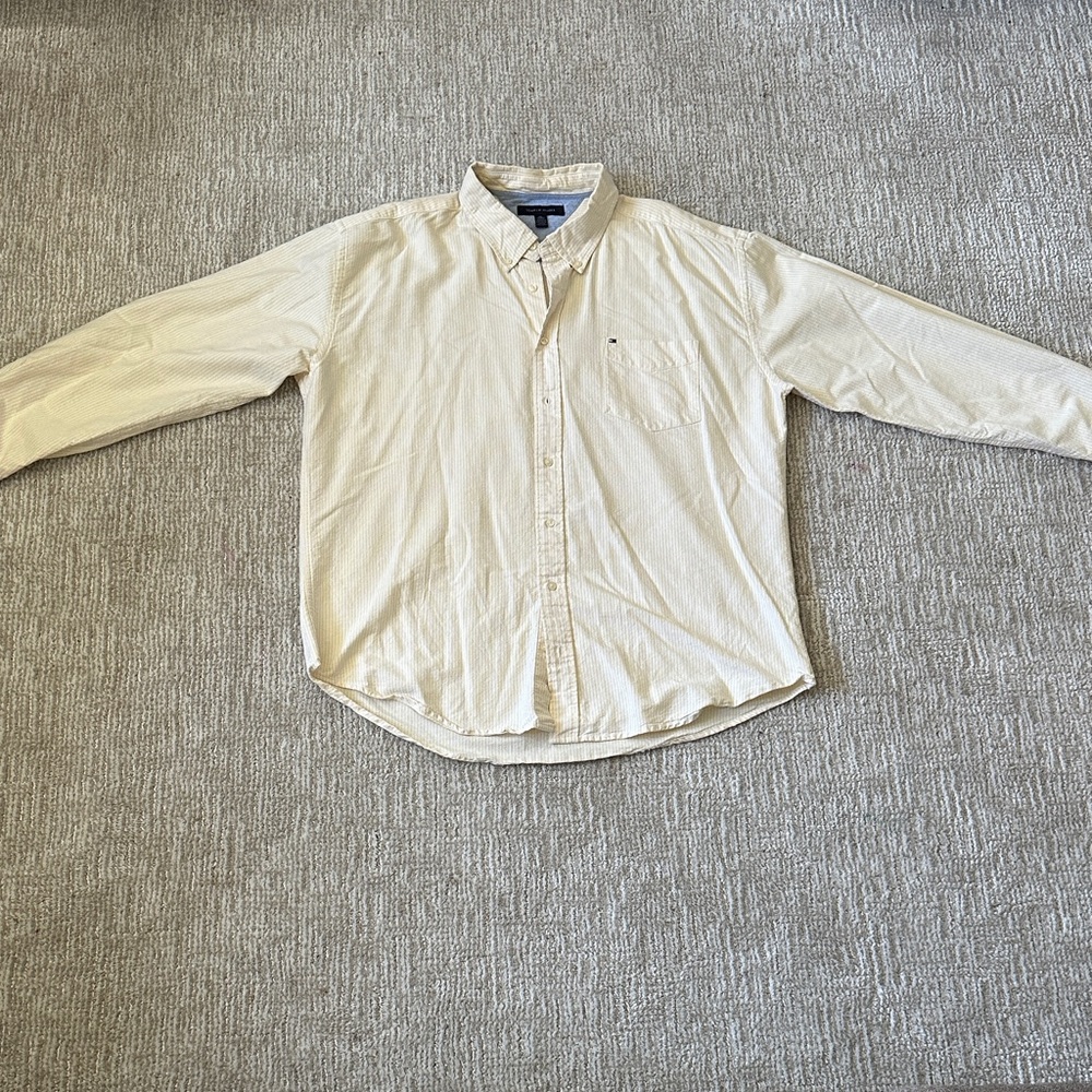 Tommy Hilfiger Men's Yellow/White Striped Oxford Button-Down Long Sleeve Shirt